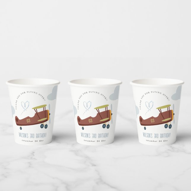 Cute Rust Green Blue Biplane Cloud Heart Birthday Paper Cups (Multi)