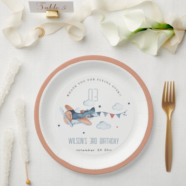 Cute Rust Navy Kids Plane Stars Sky Cloud Birthday Paper Plate (Wedding)