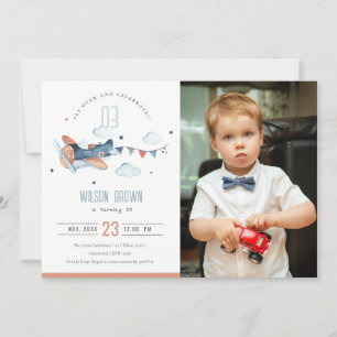 Cute Rust Navy Plane Cloud Photo Birthday Invite