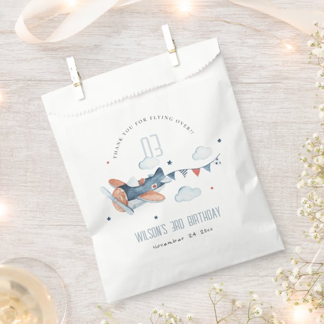 Cute Rust Navy Plane Cloud Stars Sky Birthday Favour Bags (Clipped)