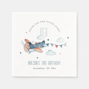 Cute Rust Navy Plane Cloud Stars Sky Birthday Napkin