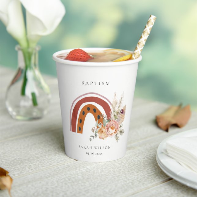 Cute Rust Orange Boho Floral Rainbow Cross Baptism Paper Cups (Insitu)