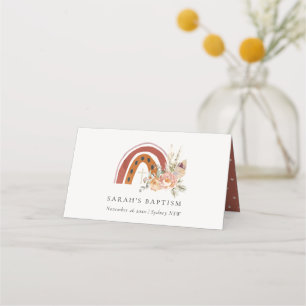 Cute Rust Orange Boho Floral Rainbow Cross Baptism Place Card