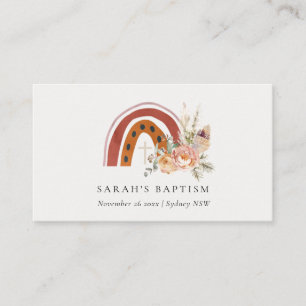 Cute Rust Orange Boho Floral Rainbow Cross Baptism Place Card