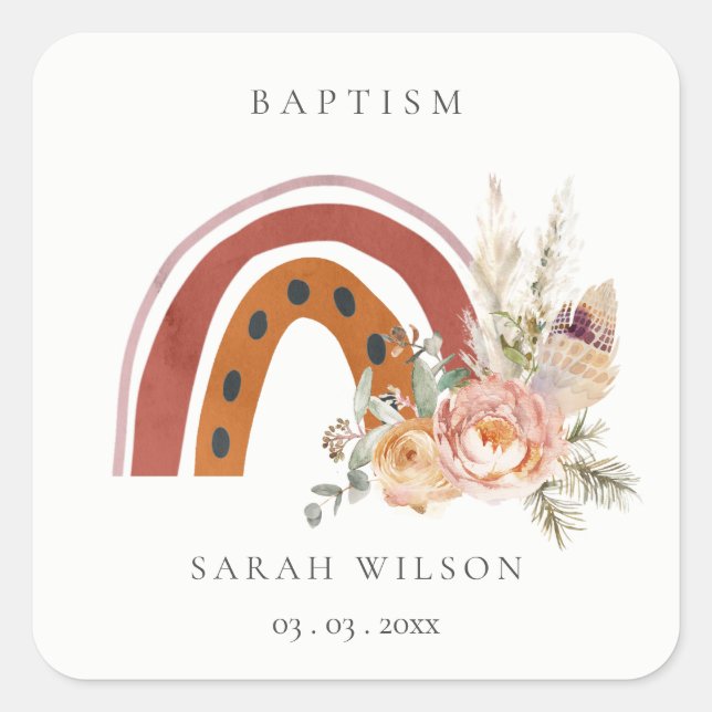 Cute Rust Orange Boho Floral Rainbow Cross Baptism Square Sticker (Front)