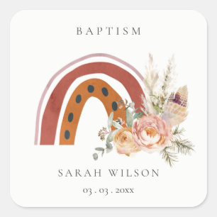 Cute Rust Orange Boho Floral Rainbow Cross Baptism Square Sticker