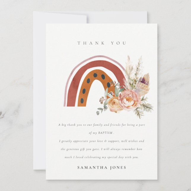 Cute Rust Orange Boho Floral Rainbow Cross Baptism Thank You Card (Front)