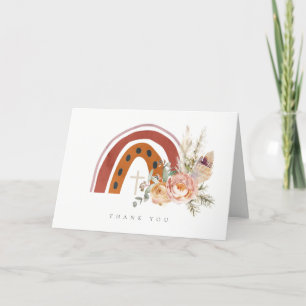 Cute Rust Orange Boho Floral Rainbow Cross Baptism Thank You Card