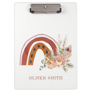 Cute Rust Orange Boho Floral Rainbow Watercolor  Clipboard