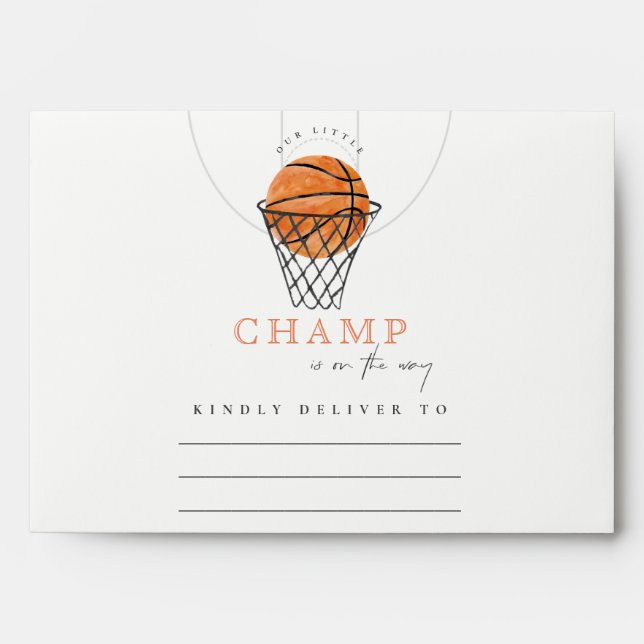 Cute Rust Our Little Champ Basketball Baby Shower Envelope (Front)