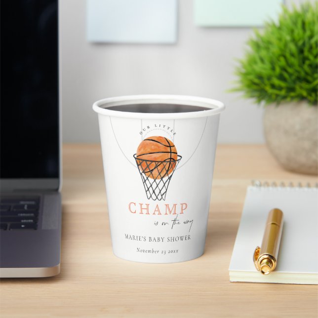 Cute Rust Our Little Champ Basketball Baby Shower Paper Cups (Insitu)