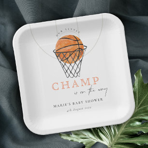 Cute Rust Our Little Champ Basketball Baby Shower Paper Plate