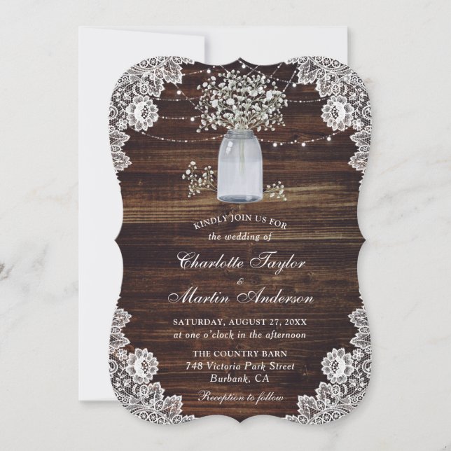 Cute Rustic Baby's Breath Wood Mason Jar Wedding Invitation (Front)