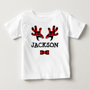 Cute Rustic Buffalo Plaid Reindeer Antlers Name Baby T-Shirt