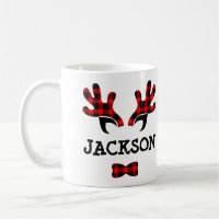 Cute Rustic Buffalo Plaid Reindeer Antlers Name