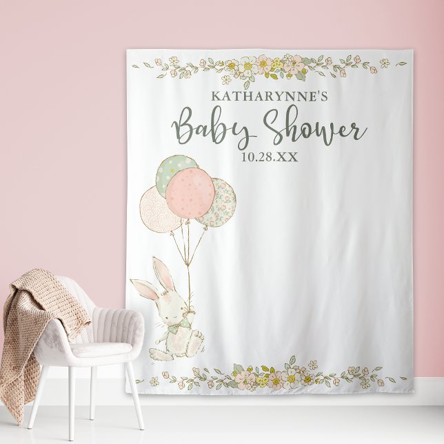 Cute Rustic Bunny Floral Baby Shower Backdrop Tapestry (Creator Uploaded)