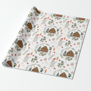 Cute Rustic Cabin Snowman Holiday Christmas Gift Wrapping Paper