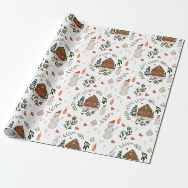 Cute Rustic Cabin Snowman Holiday Christmas Gift Wrapping Paper (Unrolled)