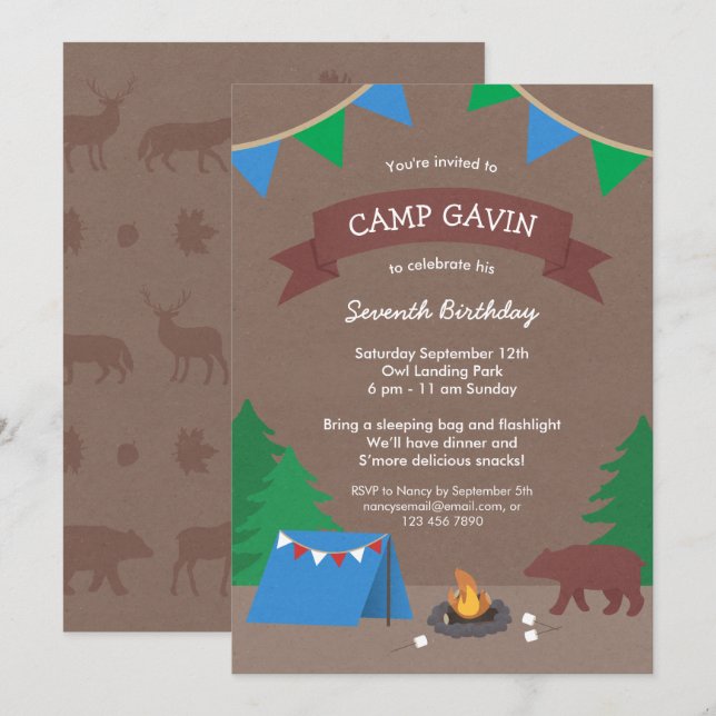 Cute Rustic Camping Birthday Party Invitations (Front/Back)