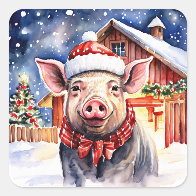 Cute Rustic Christmas Hog and Barn Square Sticker (Front)