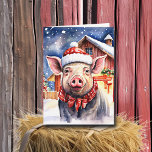 Cute Rustic Christmas Pig and Barn  Card<br><div class="desc">Cute Christmas pig themed card with a watercolor style hog with a Santa hat standing in front of a barn on a snowy winter day.</div>