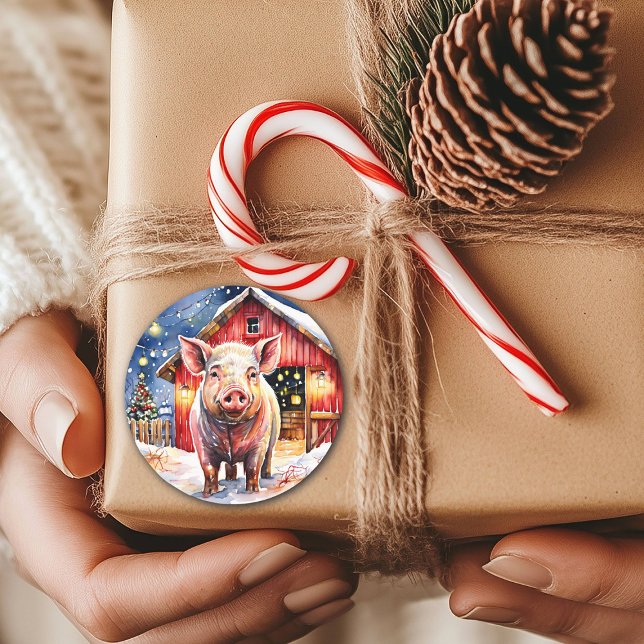 Cute Rustic Christmas Pig and Barn Classic Round Sticker (Creator Uploaded)
