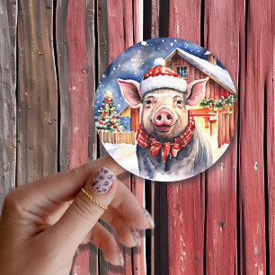 Cute Rustic Christmas Pig and Barn Large Classic Round Sticker