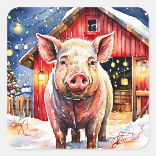 Cute Rustic Christmas Pig and Barn Square Sticker