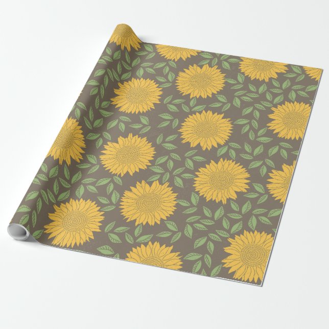 Cute Rustic Country Sunflowers Pattern Wrapping Paper (Unrolled)