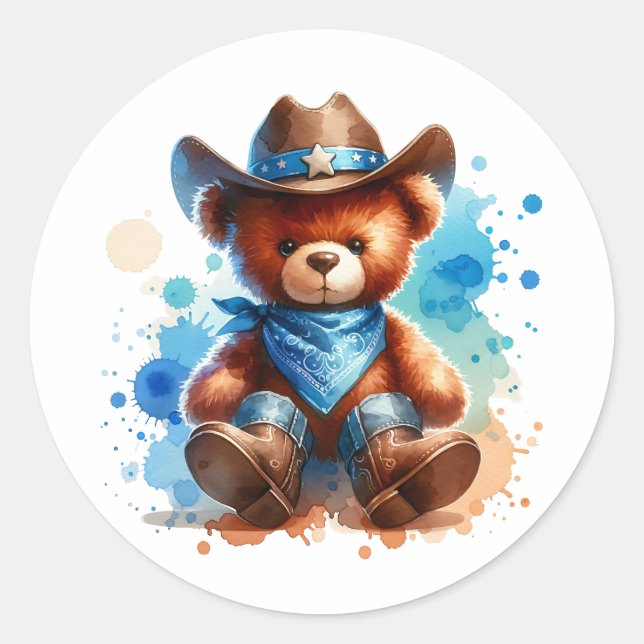 Cute Rustic Cowboy Teddy Bear Boy's Baby Shower Classic Round Sticker (Front)