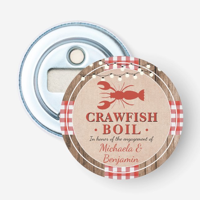 Cute Rustic Crawfish Boil Lobster Party Engagement Bottle Opener (Front)