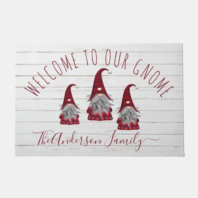 Cute Rustic Faux Wood Christmas Family Gnomes Doormat (Front)