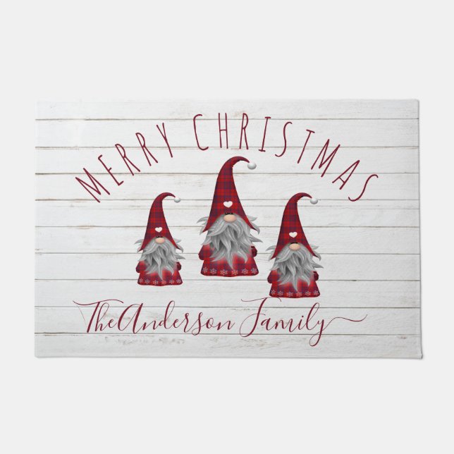 Cute Rustic Faux Wood Christmas Family Gnomes Doormat (Front)