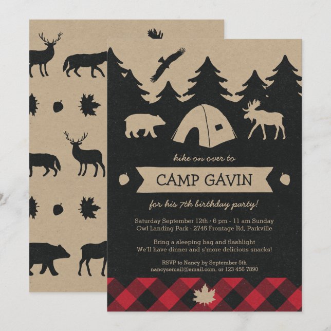 Cute Rustic Flannel Camping Birthday Party Invite (Front/Back)