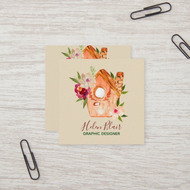 Cute rustic floral bird house business card (Front/Back In Situ)