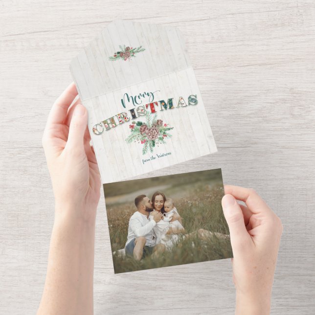 Cute Rustic Floral Merry Christmas Typography All In One Invitation (Tearaway)