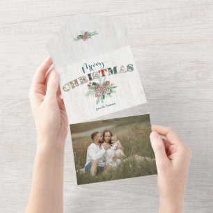 Cute Rustic Floral Merry Christmas Typography All In One Invitation