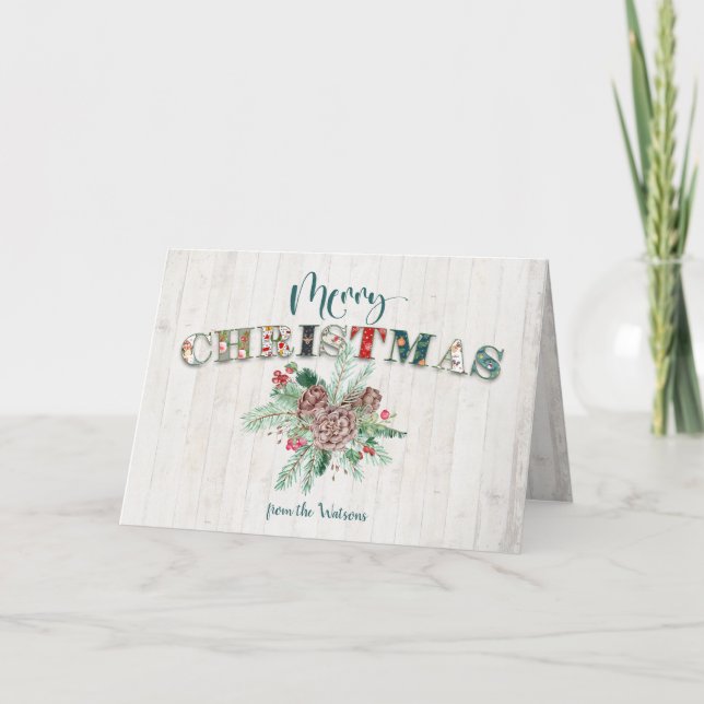 Cute Rustic Floral Merry Christmas Typography Holiday Card (Front)