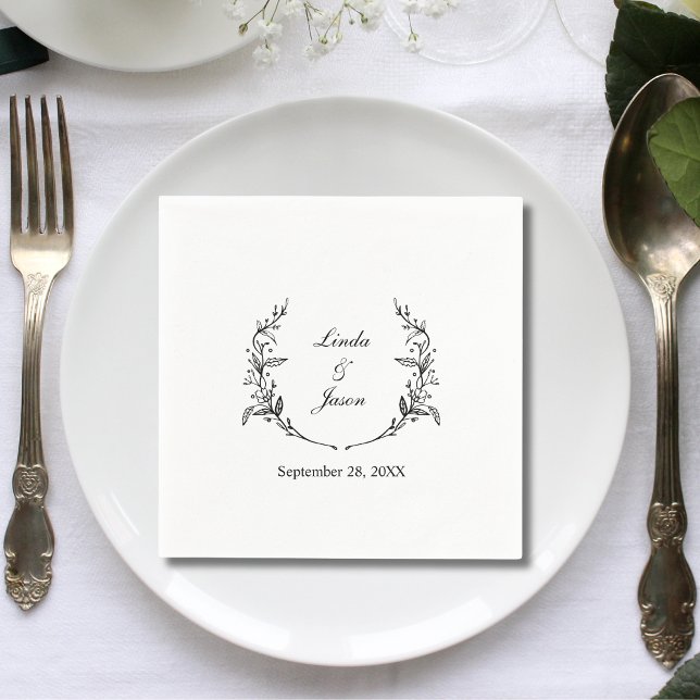 Cute Rustic Floral Wreath Black and White Wedding Napkin (Creator Uploaded)