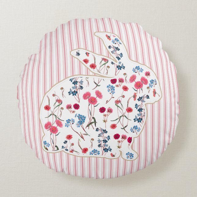 Cute Rustic Flower Easter Bunny Pink Stripes Round Cushion (Front)