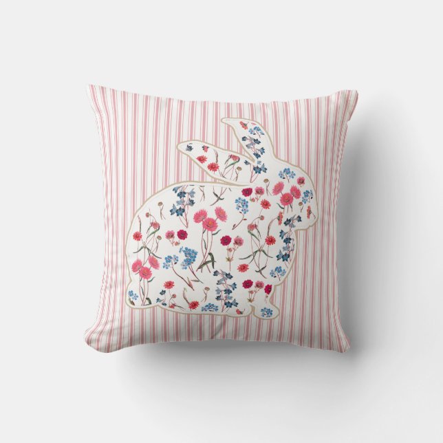 Cute Rustic Flower Easter Rabbit Pink Stripes Cushion (Front)