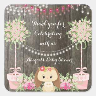 Cute Rustic Girl Bunny, Pink Flowers Baby Shower Square Sticker