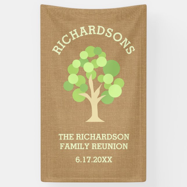 Cute Rustic Green Tree and Burlap Family Reunion Banner (Vertical)