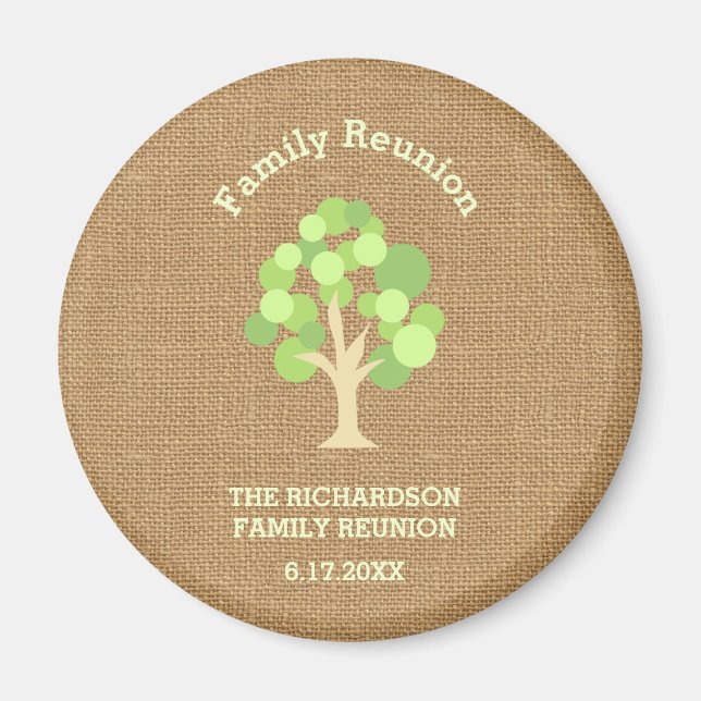 Cute Rustic Green Tree and Burlap Family Reunion Magnet (Front)
