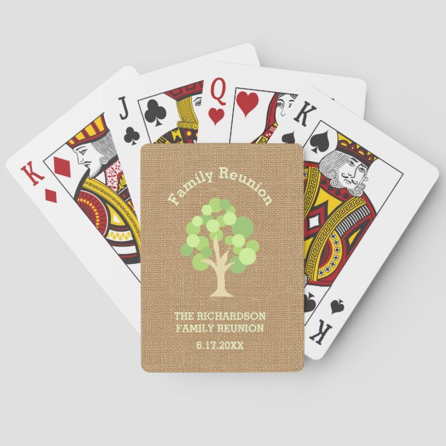 Cute Rustic Green Tree and Burlap Family Reunion Playing Cards (Back)