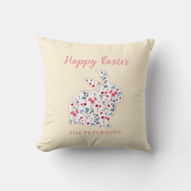 Cute Rustic Happy Easter Flower Rabbit Pink Plaid  Cushion (Front)