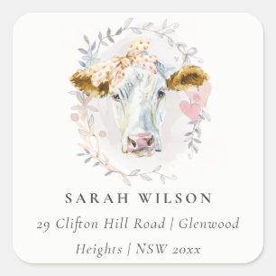 Cute Rustic Holy Cow Farm Floral Wreath Address Square Sticker