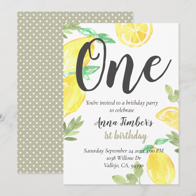 Cute rustic lemon 1st birthday kid party invite (Front/Back)