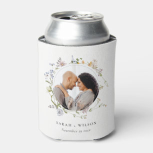 Cute Rustic Meadow Floral Wreath Photo Wedding Can Cooler