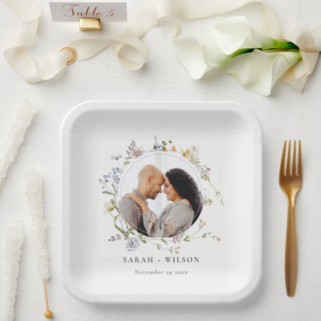 Cute Rustic Meadow Floral Wreath Photo Wedding Paper Plate (Wedding)